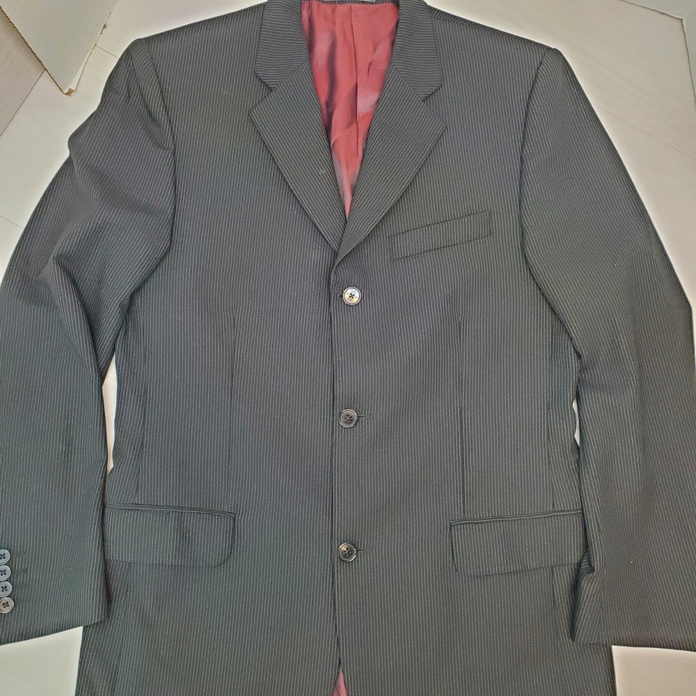 Bachrach Mens 38R Blazer Jacket Black Pinstripe 100% Virgin Wool Made in Italy